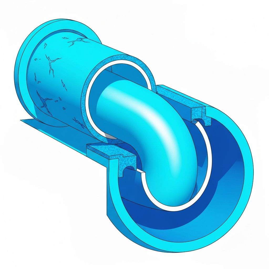 Illustrasjon av rør-i-rør metoden som viser tverrsnitt av et gammelt rør med sprekker og et nytt glatt rør installert på innsiden